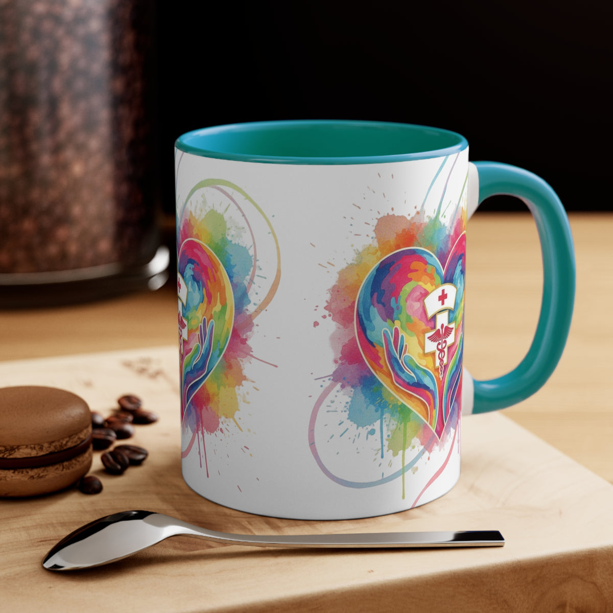 Nurse Heart Caduceus Accent Mug — Colorful Hands & Rainbow Splash 11oz