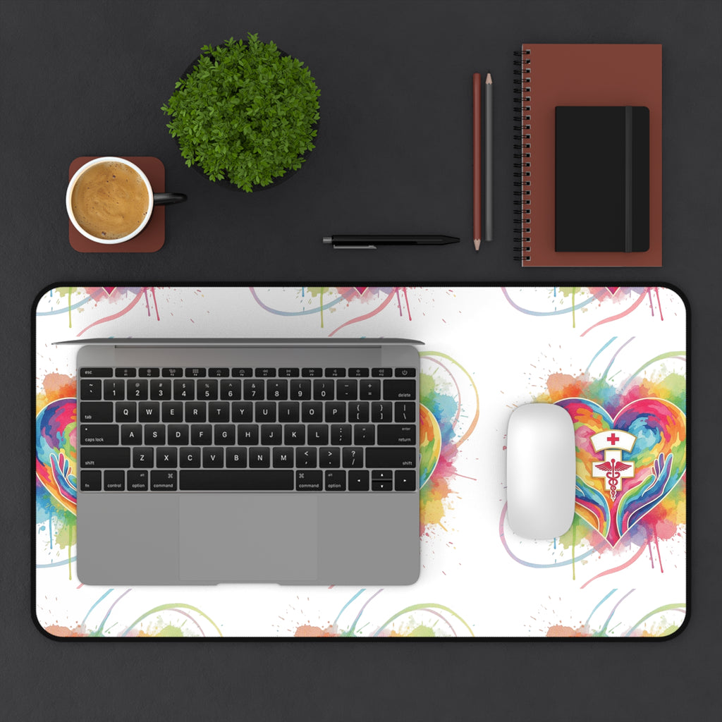 Colorful Heart Nurse Desk Mat — Rainbow Medical Symbol Mouse Pad