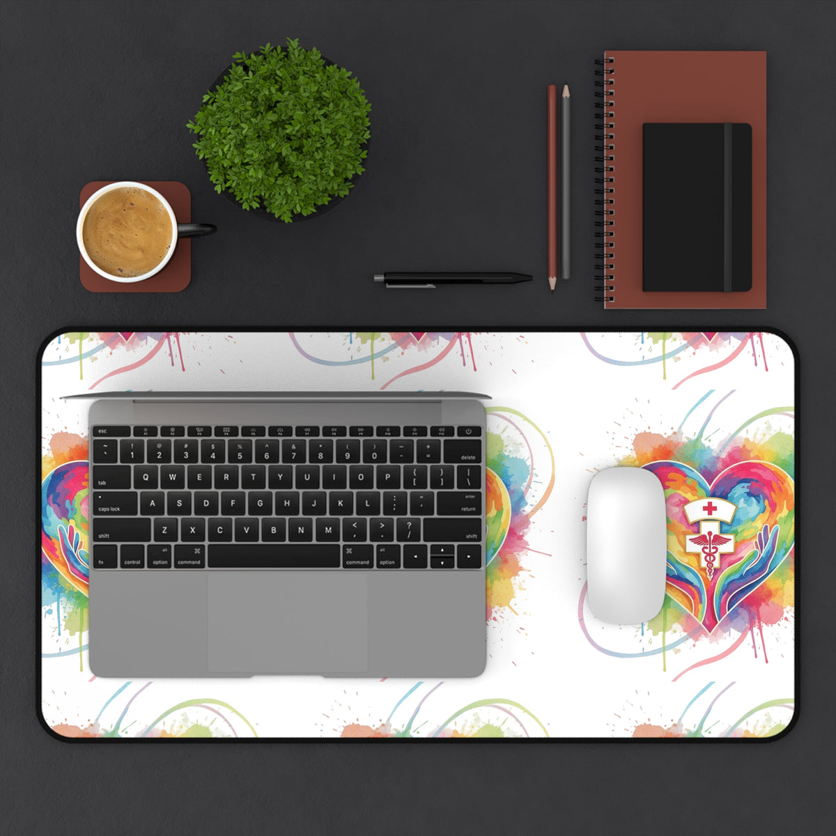 Colorful Heart Nurse Desk Mat — Rainbow Medical Symbol Mouse Pad