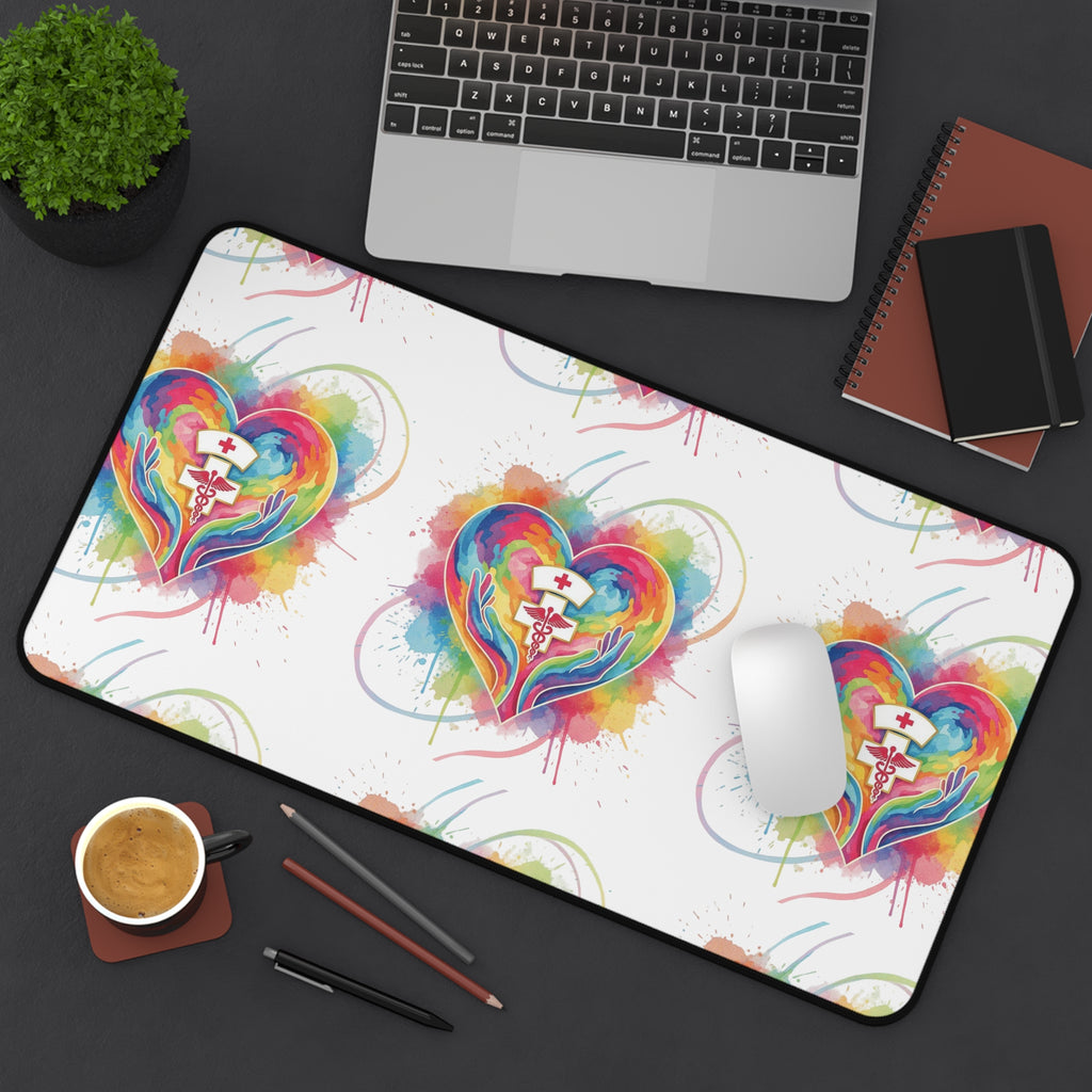 Colorful Heart Nurse Desk Mat — Rainbow Medical Symbol Mouse Pad