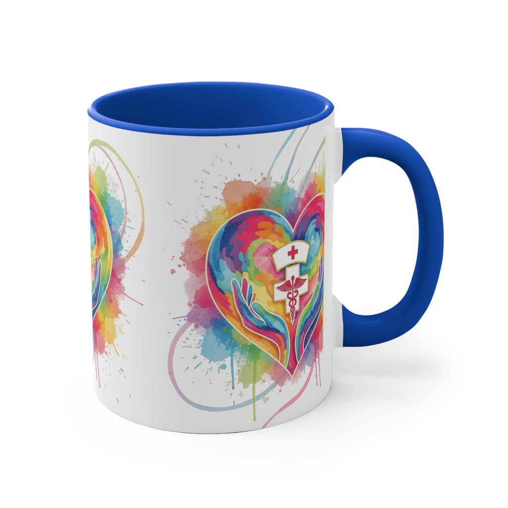 Nurse Heart Caduceus Accent Mug — Colorful Hands & Rainbow Splash 11oz