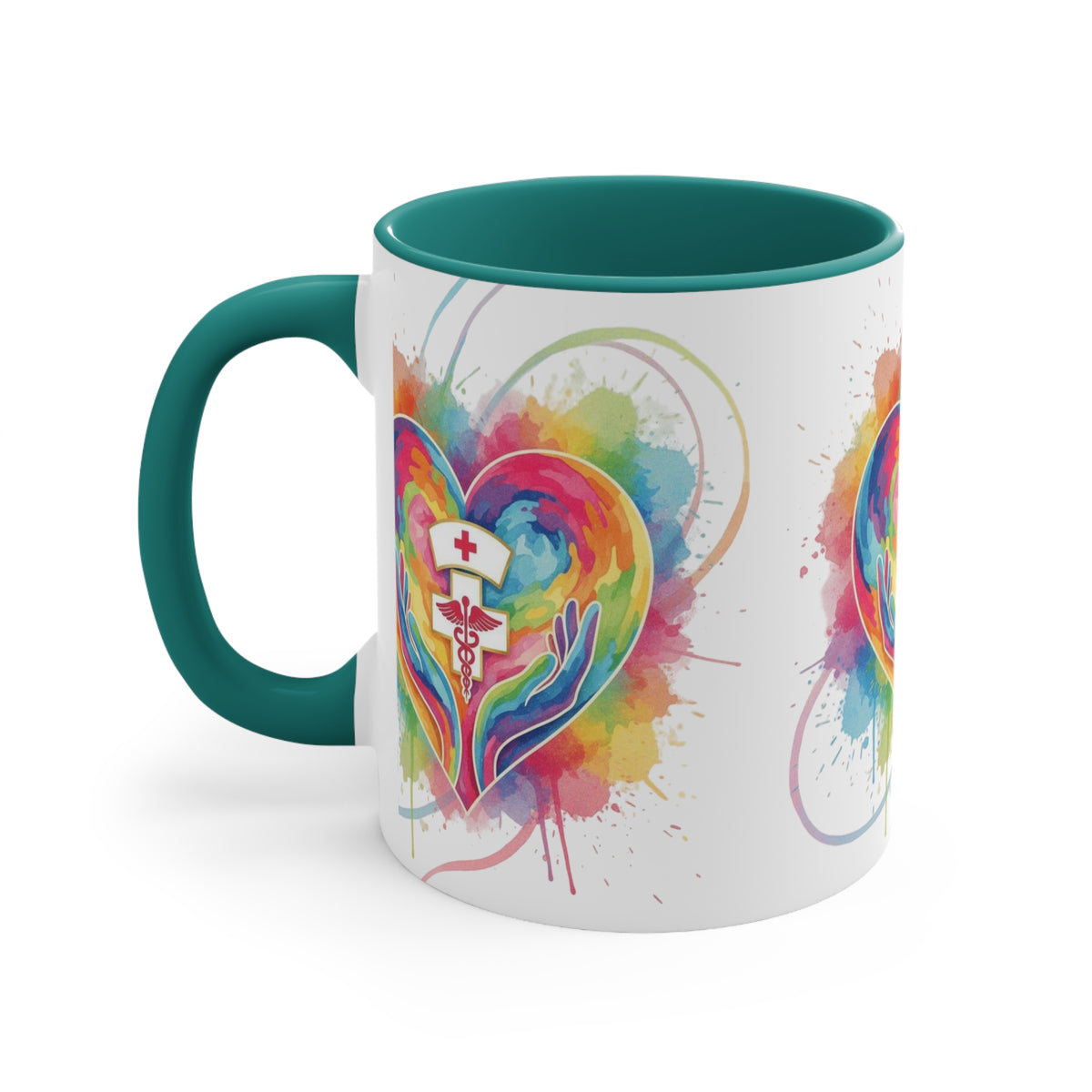 Nurse Heart Caduceus Accent Mug — Colorful Hands & Rainbow Splash 11oz