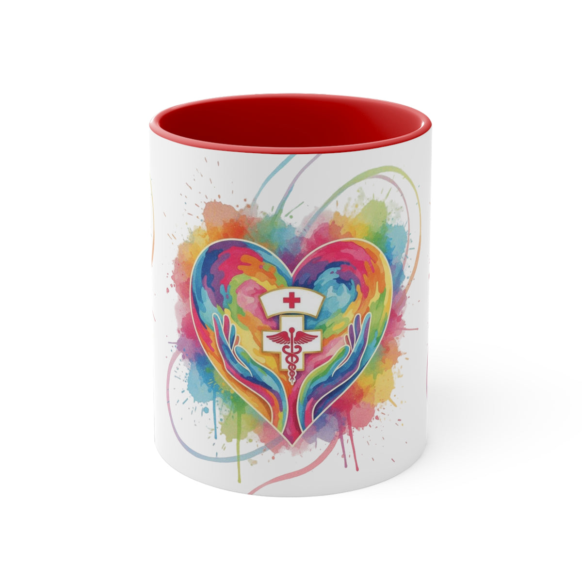 Nurse Heart Caduceus Accent Mug — Colorful Hands & Rainbow Splash 11oz