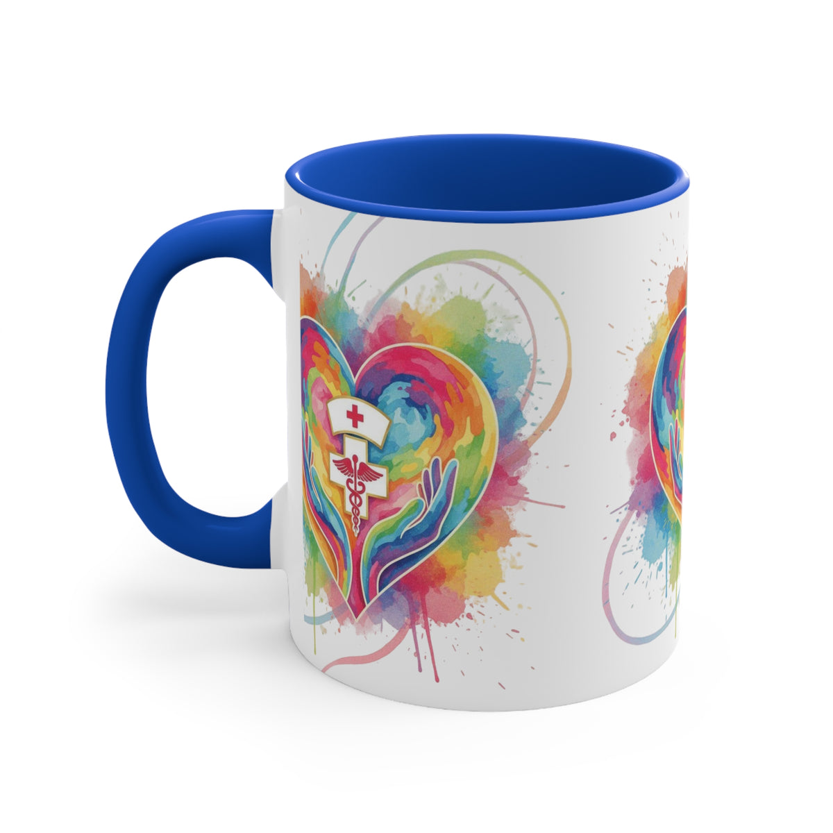 Nurse Heart Caduceus Accent Mug — Colorful Hands & Rainbow Splash 11oz