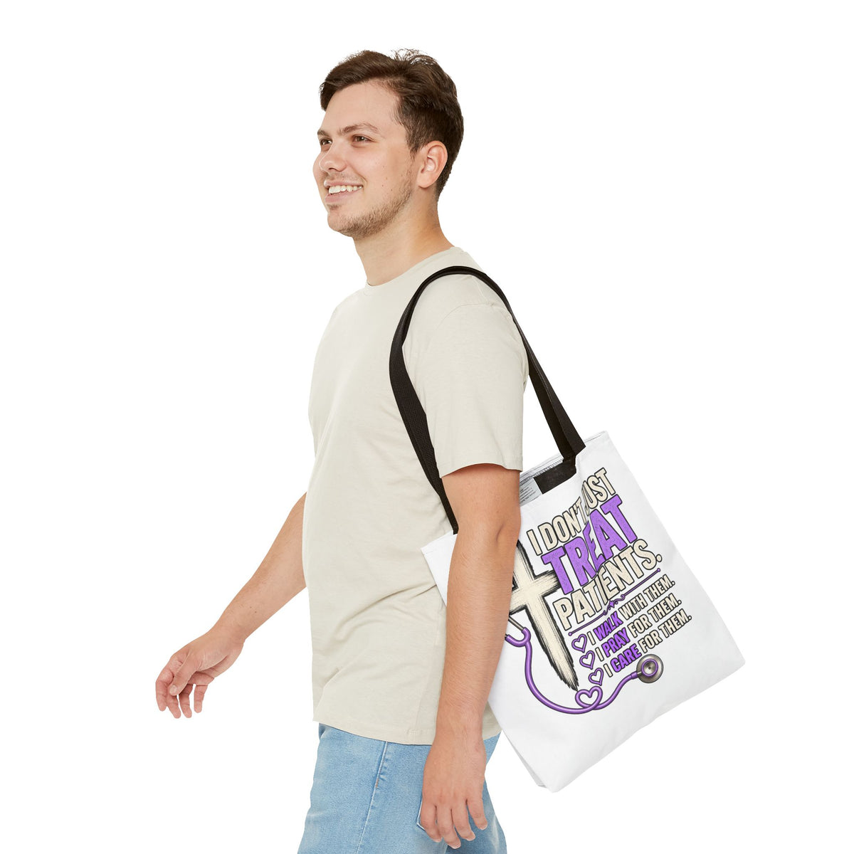 Nurse Faith Tote Bag - "I Don't Just Treat Patients" Stethoscope & Cross Inspirational Tote