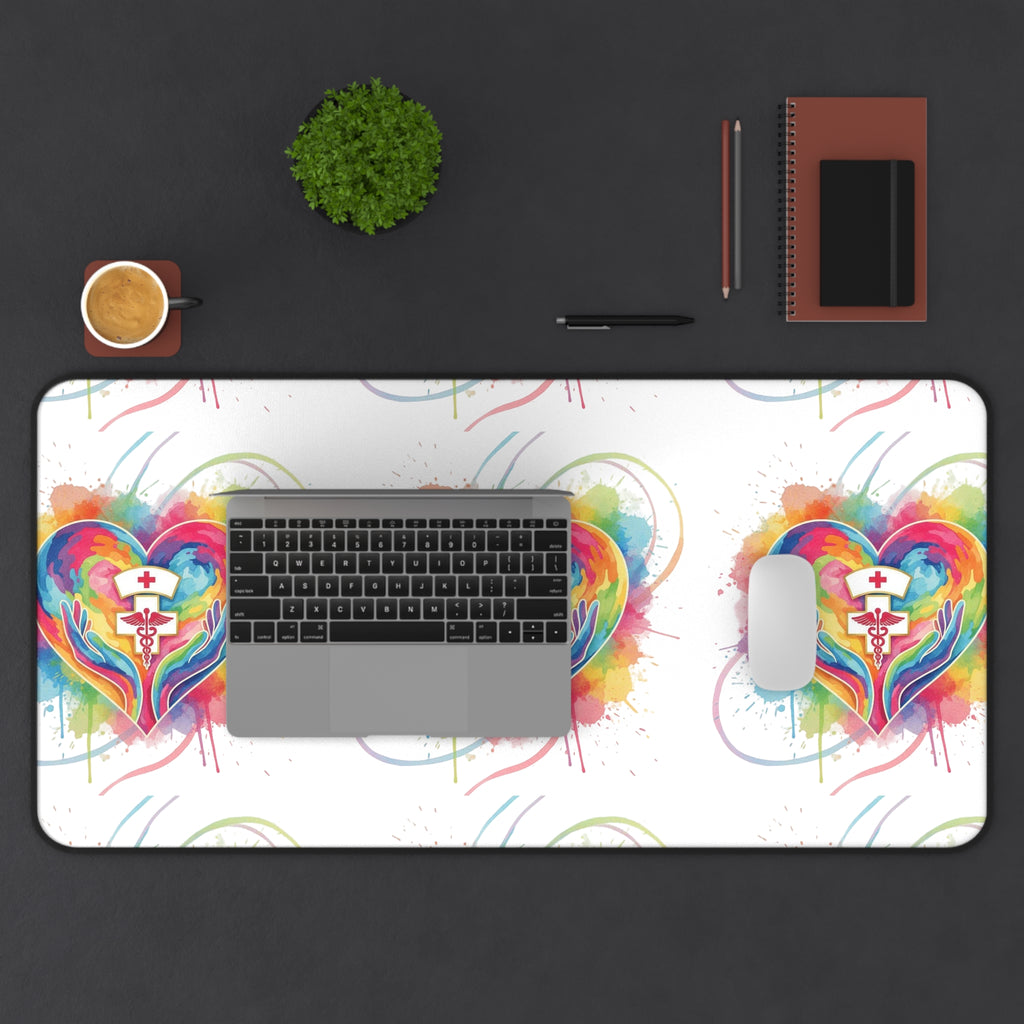 Colorful Heart Nurse Desk Mat — Rainbow Medical Symbol Mouse Pad