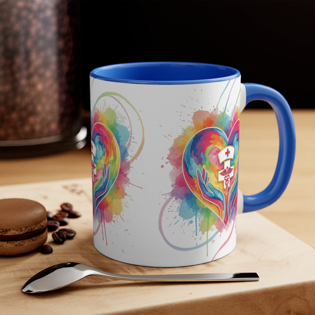 Nurse Heart Caduceus Accent Mug — Colorful Hands & Rainbow Splash 11oz