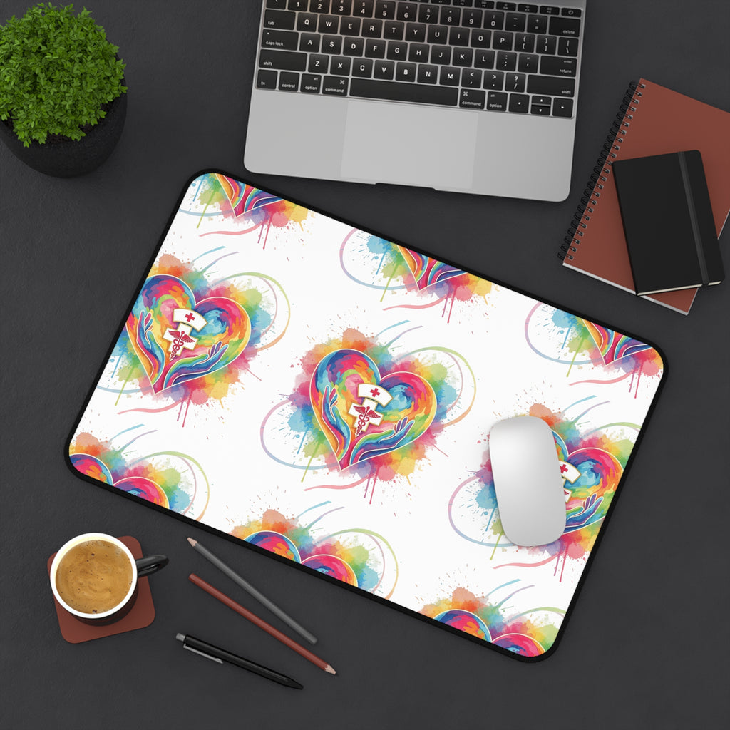 Colorful Heart Nurse Desk Mat — Rainbow Medical Symbol Mouse Pad
