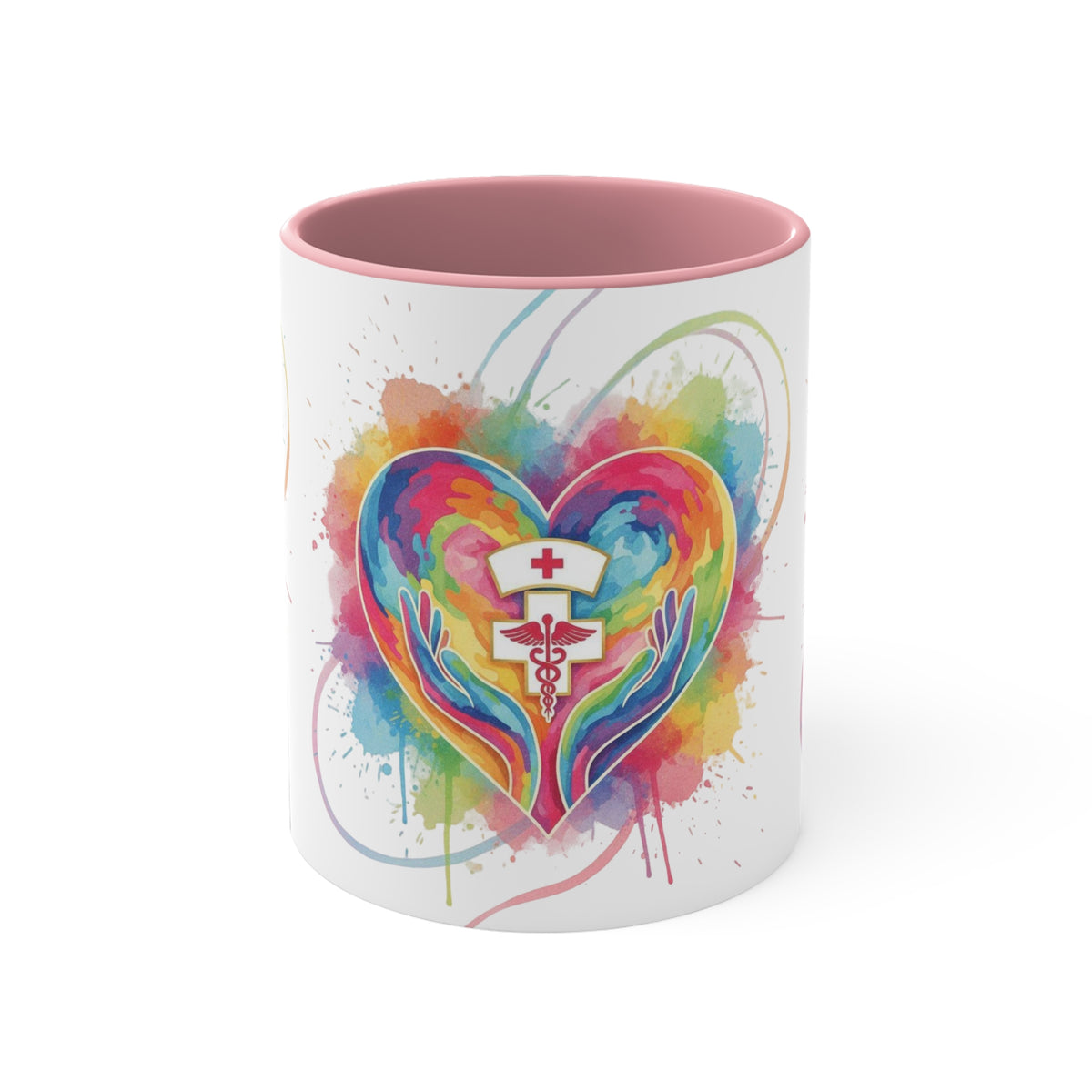 Nurse Heart Caduceus Accent Mug — Colorful Hands & Rainbow Splash 11oz