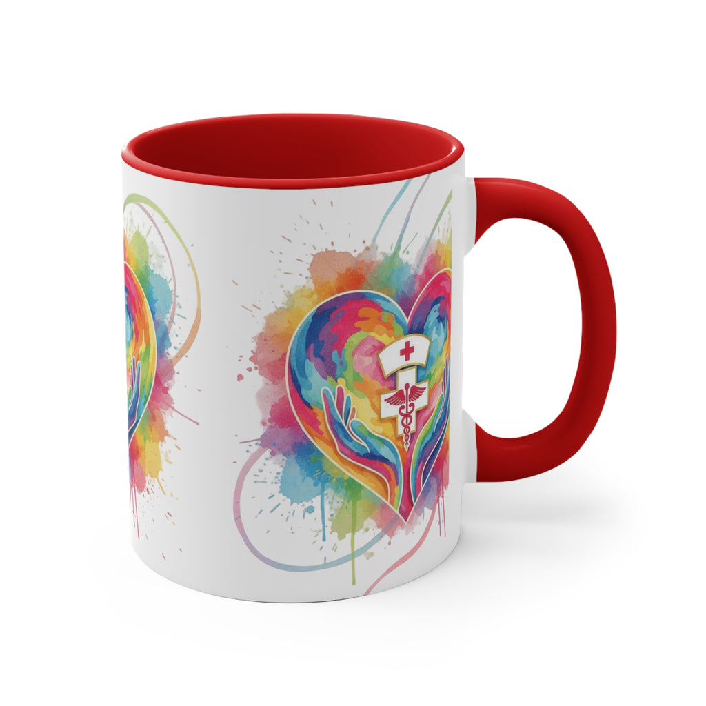 Nurse Heart Caduceus Accent Mug — Colorful Hands & Rainbow Splash 11oz