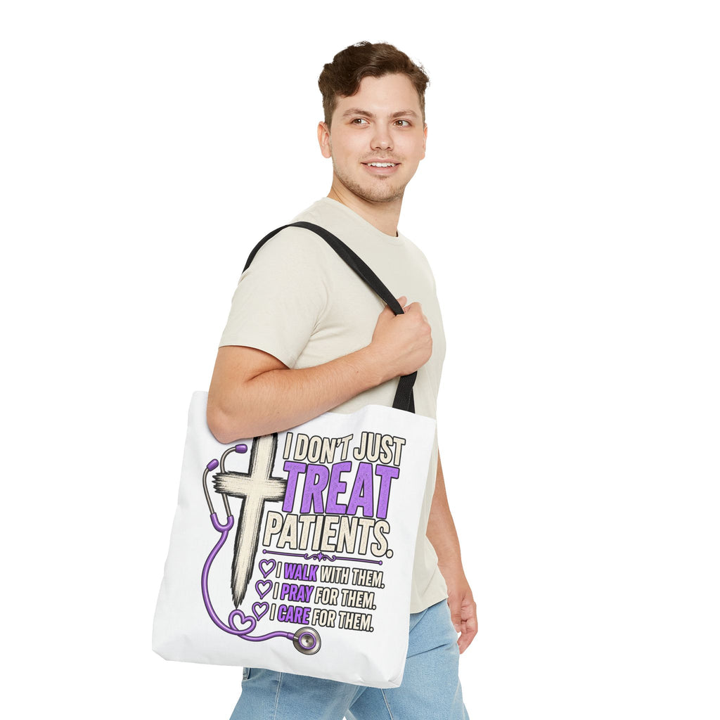 Nurse Faith Tote Bag - "I Don't Just Treat Patients" Stethoscope & Cross Inspirational Tote