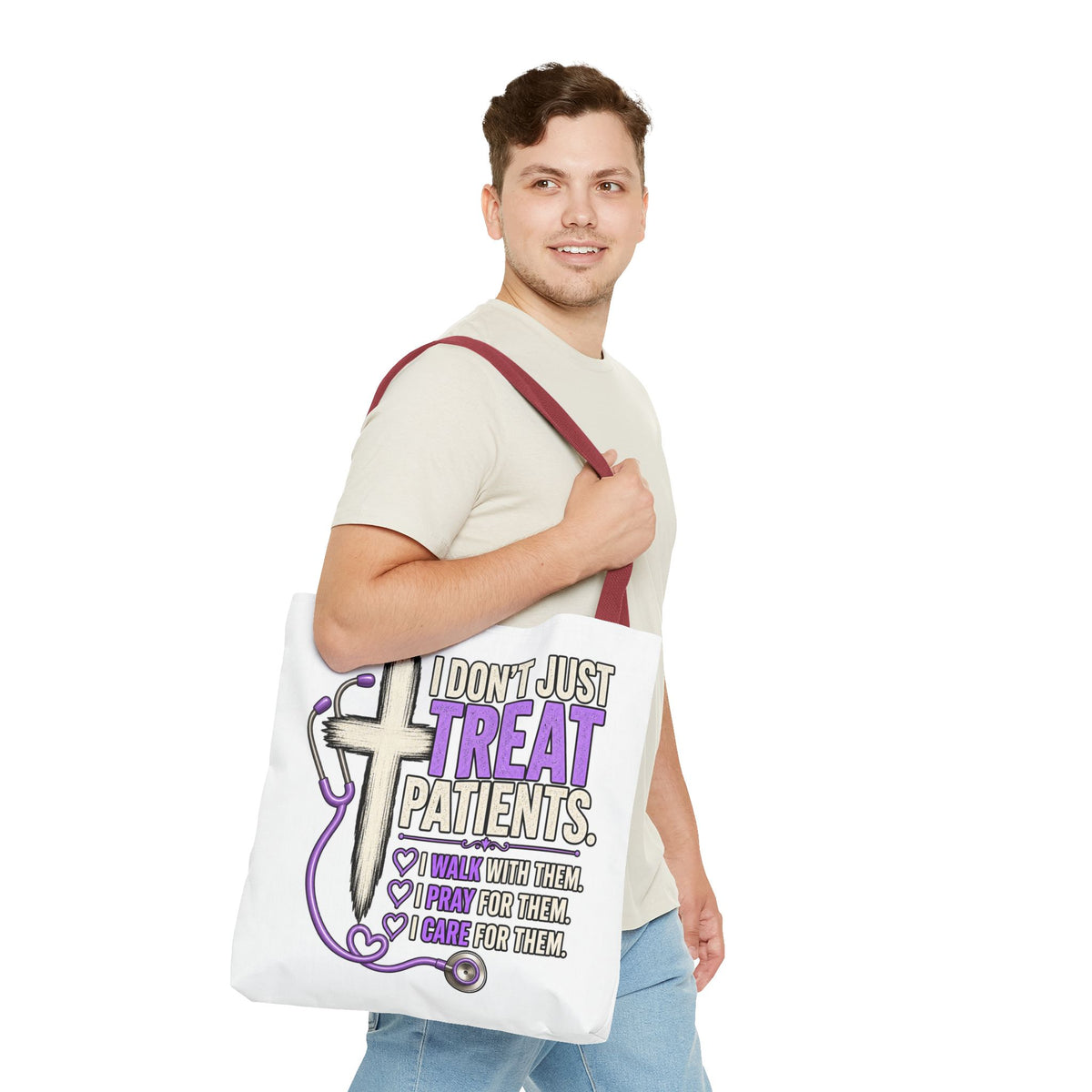 Nurse Faith Tote Bag - "I Don't Just Treat Patients" Stethoscope & Cross Inspirational Tote