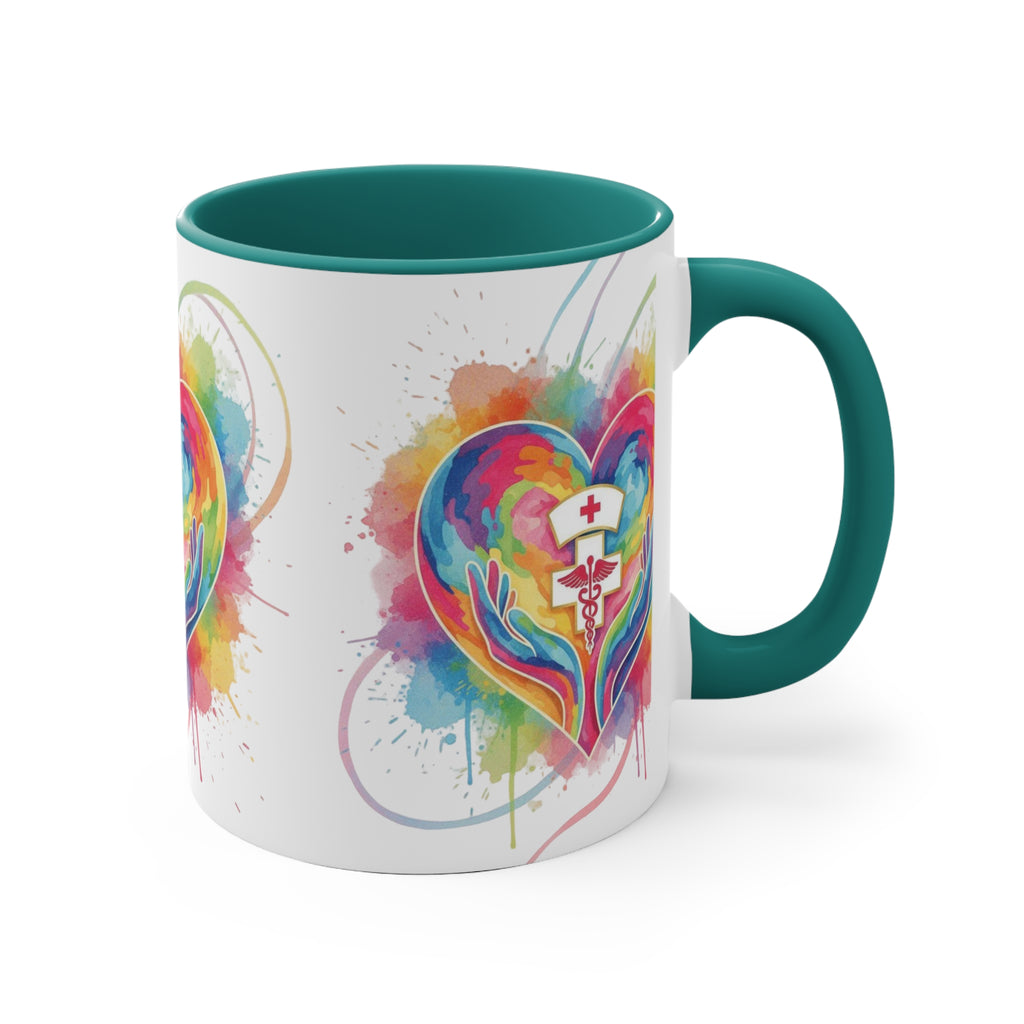 Nurse Heart Caduceus Accent Mug — Colorful Hands & Rainbow Splash 11oz