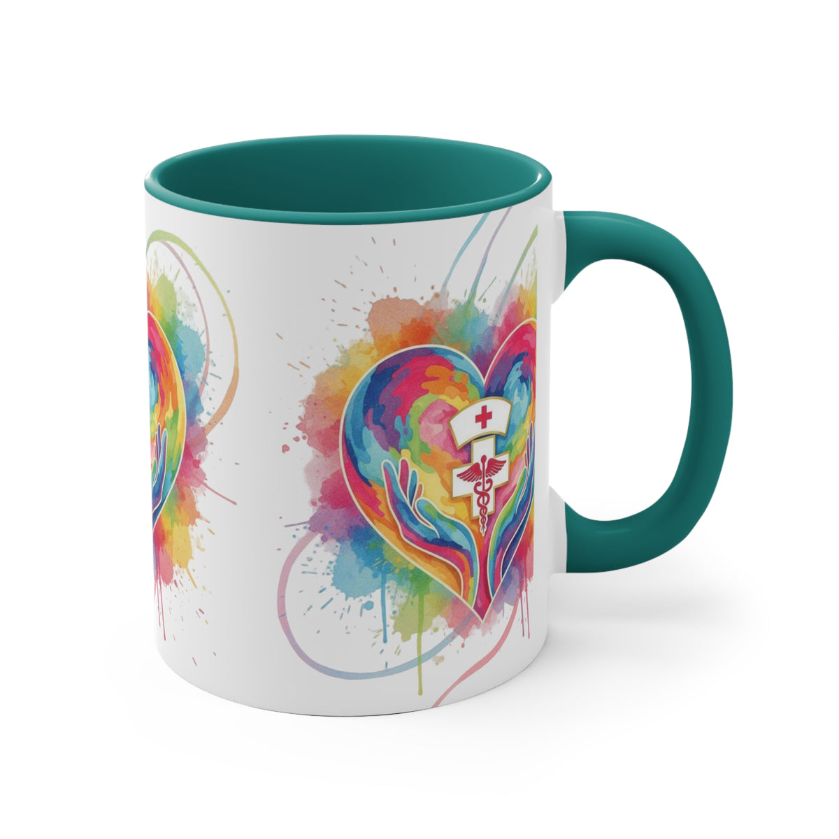 Nurse Heart Caduceus Accent Mug — Colorful Hands & Rainbow Splash 11oz