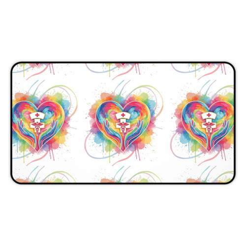 Colorful Heart Nurse Desk Mat — Rainbow Medical Symbol Mouse Pad