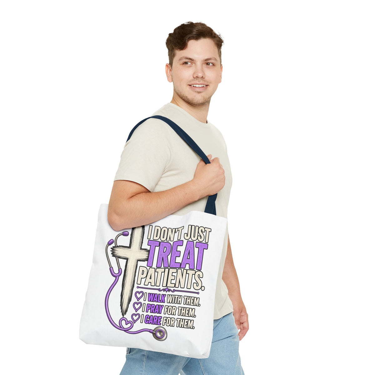 Nurse Faith Tote Bag - "I Don't Just Treat Patients" Stethoscope & Cross Inspirational Tote