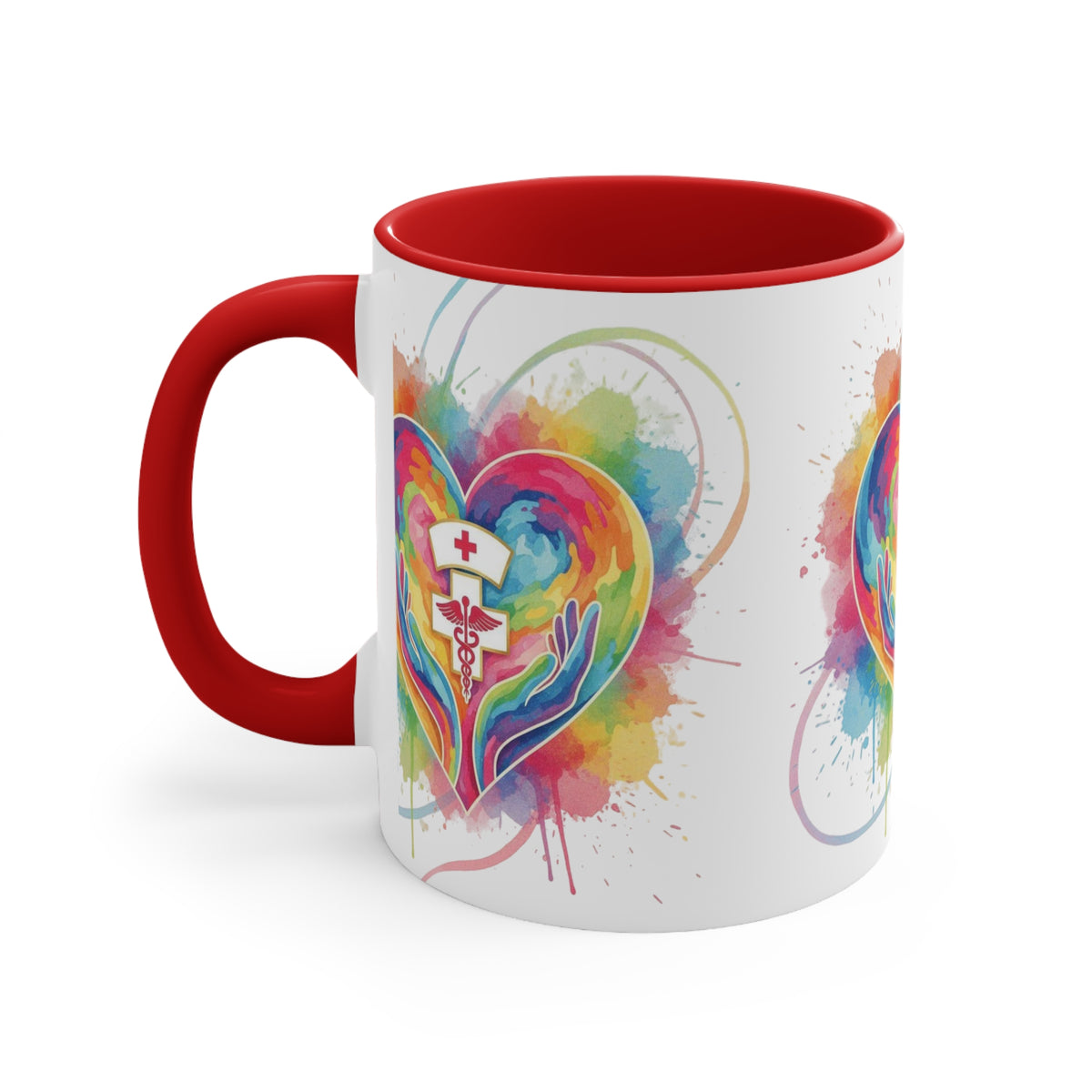 Nurse Heart Caduceus Accent Mug — Colorful Hands & Rainbow Splash 11oz