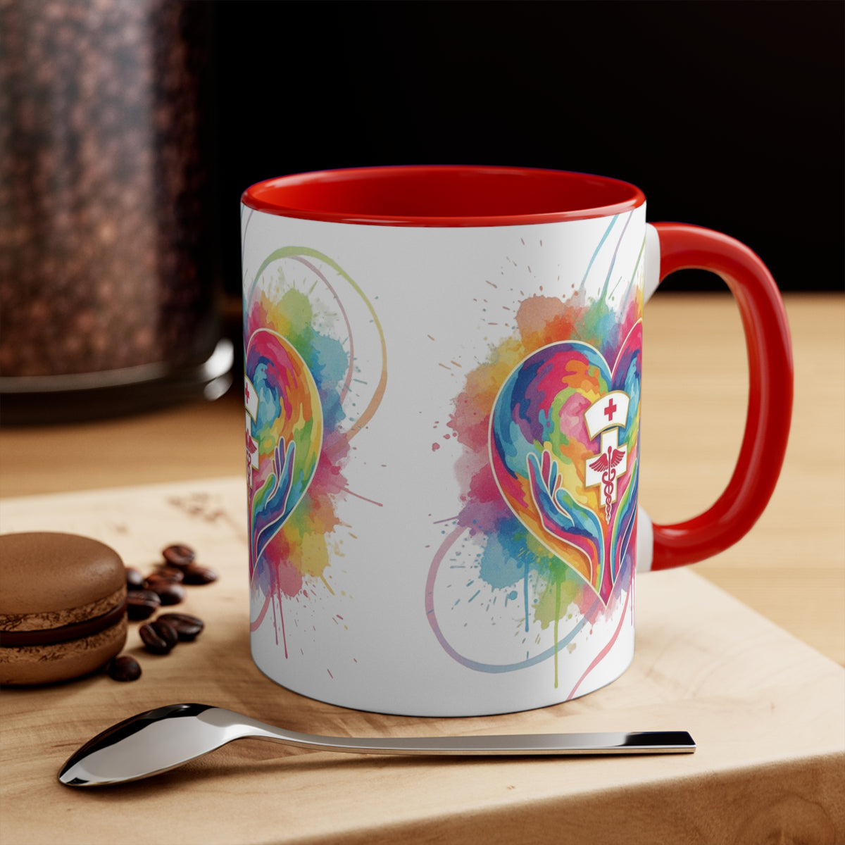 Nurse Heart Caduceus Accent Mug — Colorful Hands & Rainbow Splash 11oz