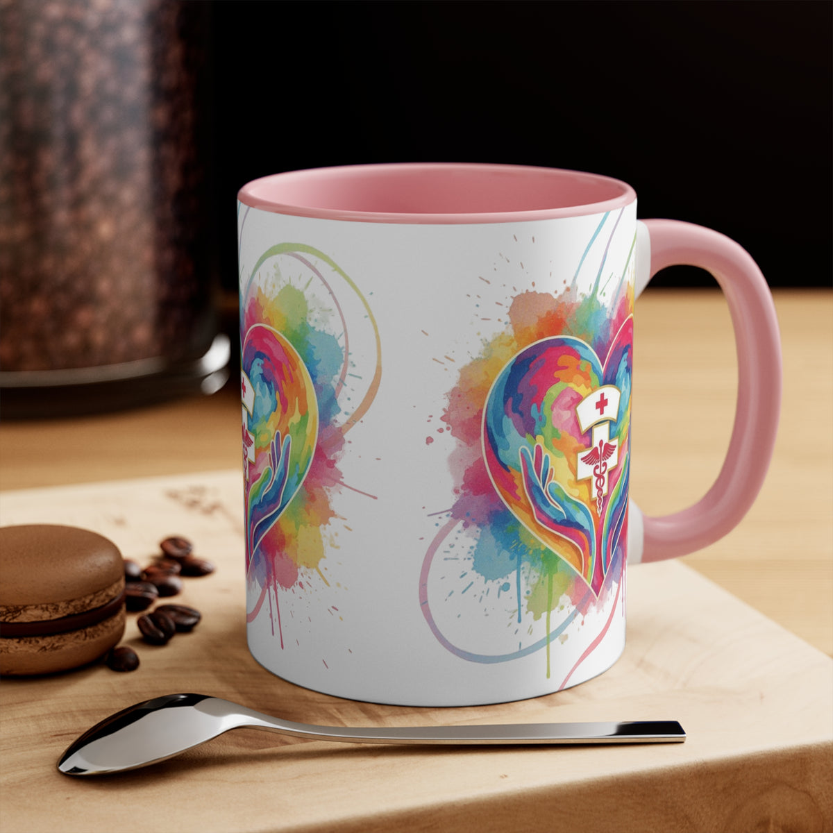Nurse Heart Caduceus Accent Mug — Colorful Hands & Rainbow Splash 11oz