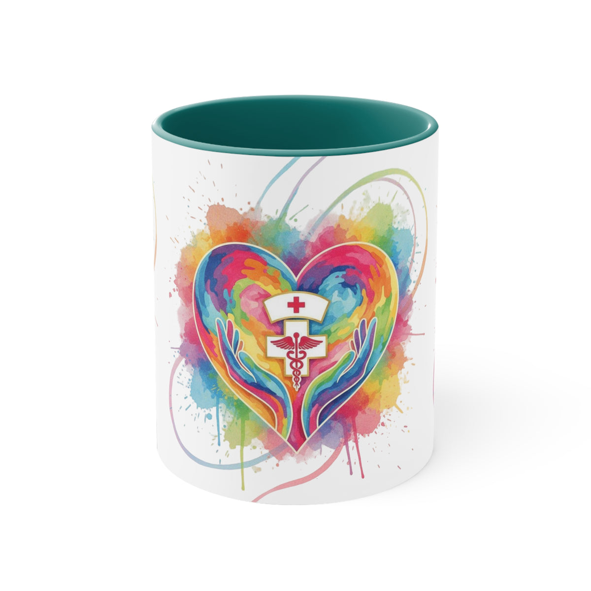 Nurse Heart Caduceus Accent Mug — Colorful Hands & Rainbow Splash 11oz