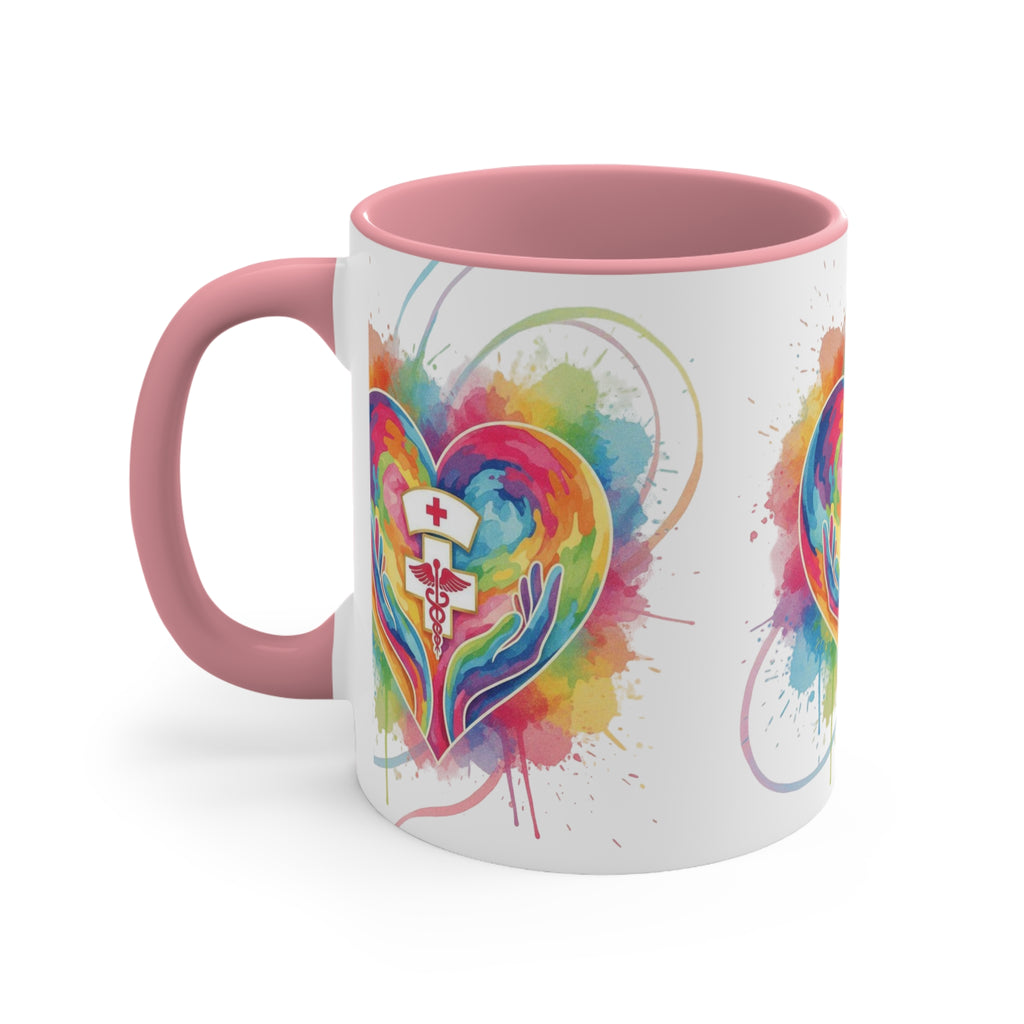 Nurse Heart Caduceus Accent Mug — Colorful Hands & Rainbow Splash 11oz