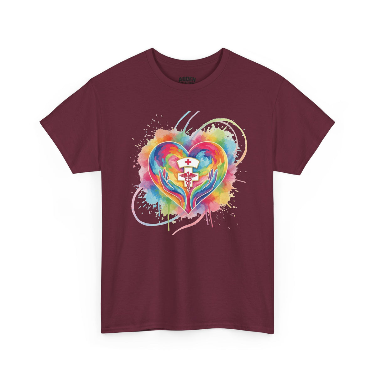 Nurse Heart Rainbow T-Shirt — Watercolor Caduceus Love Tee