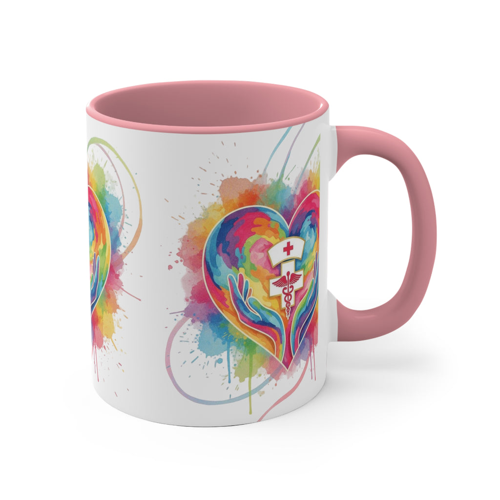 Nurse Heart Caduceus Accent Mug — Colorful Hands & Rainbow Splash 11oz
