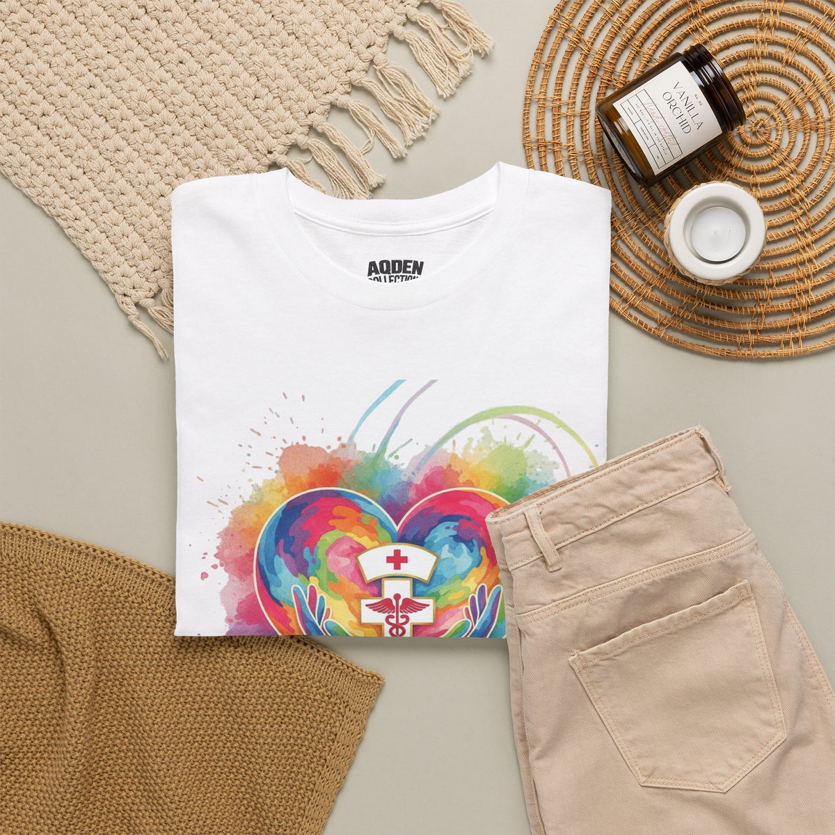 Nurse Heart Rainbow T-Shirt — Watercolor Caduceus Love Tee