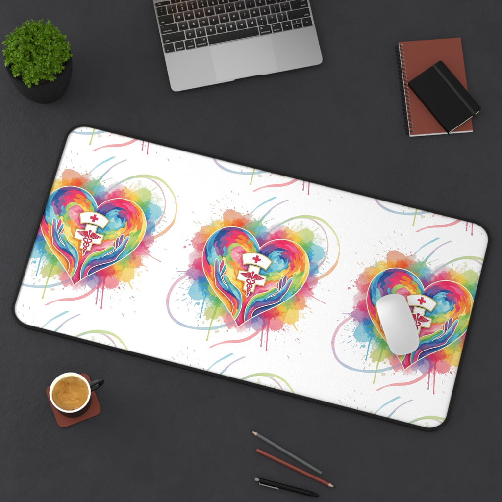 Colorful Heart Nurse Desk Mat — Rainbow Medical Symbol Mouse Pad