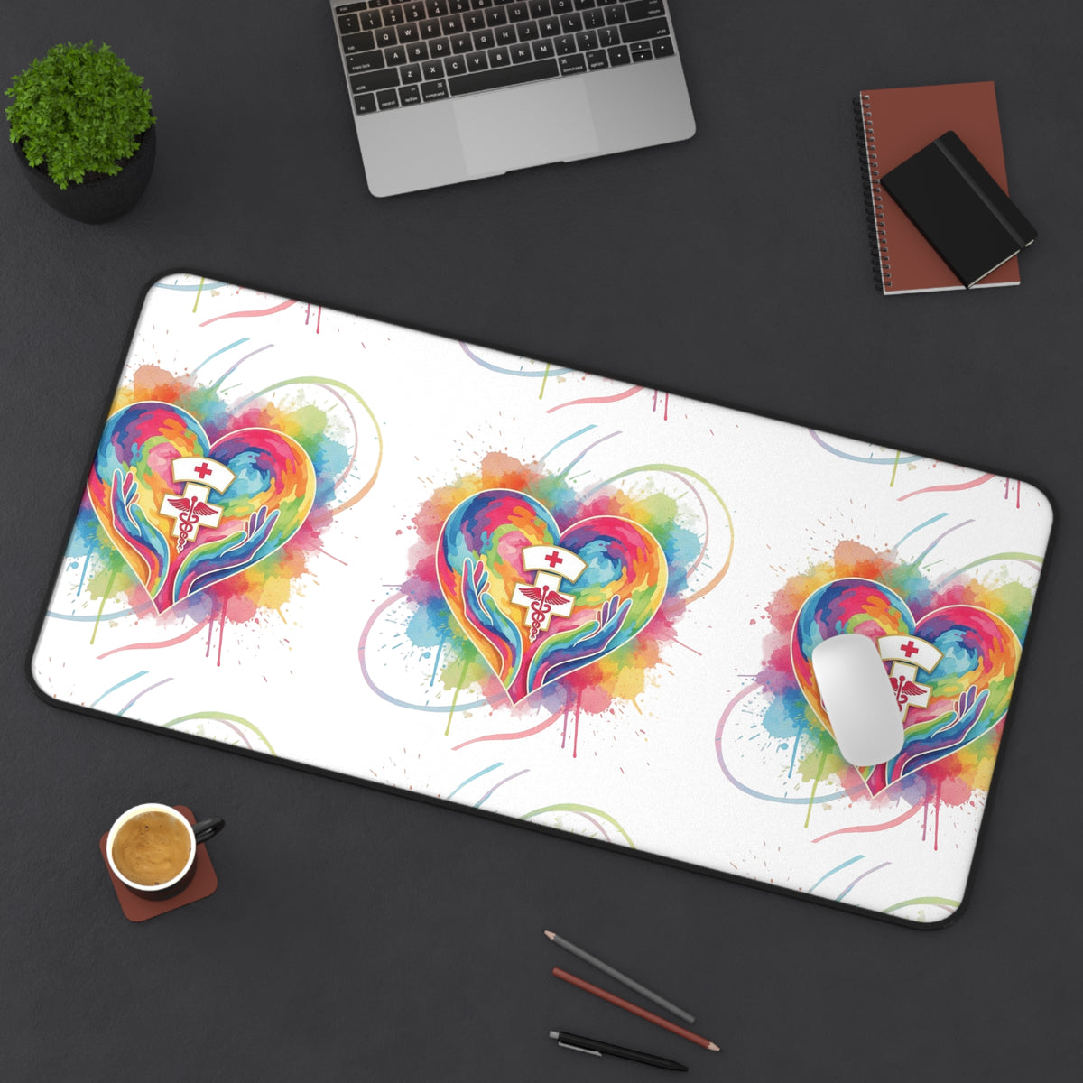 Colorful Heart Nurse Desk Mat — Rainbow Medical Symbol Mouse Pad