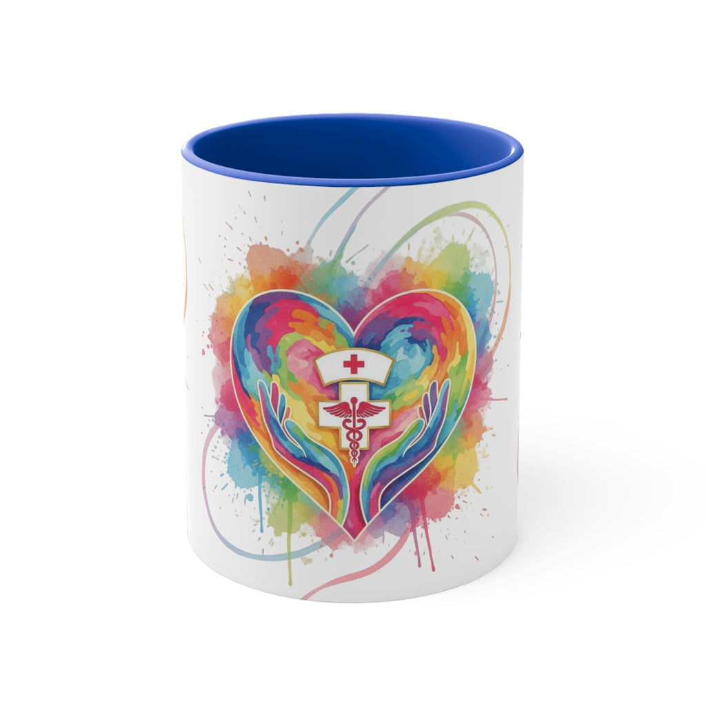 Nurse Heart Caduceus Accent Mug — Colorful Hands & Rainbow Splash 11oz