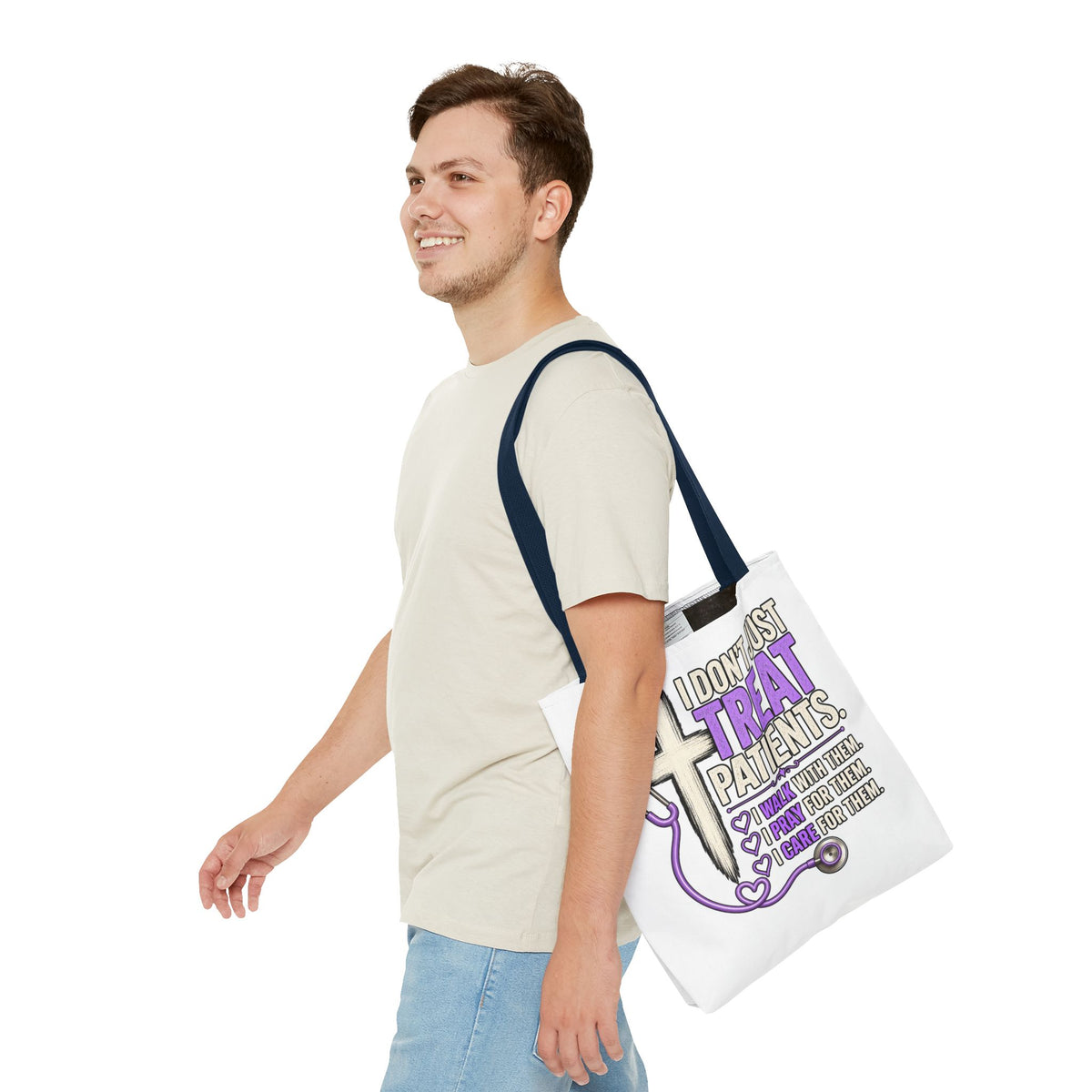 Nurse Faith Tote Bag - "I Don't Just Treat Patients" Stethoscope & Cross Inspirational Tote